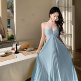 French High-Grade Light Blue Languing Belt With Hanging Neck Dress Sexy Folded Seaside Holiday Dress Girl Summer