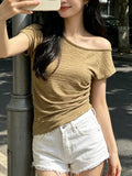 Design Sense Korean Version Of The Oblique Shoulder Collarbone Short-Sleeved T-Shirt For Women's New Summer French Texture Folded Short Top