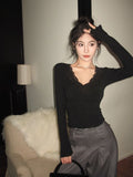 V-Neck Lace Splicing Long-Sleeved T-Shirted Women's Autumn And Winter Hot Girls Pure Desire To Put On The Black Sexy