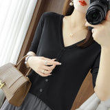 Ice Silk Breathable 2026 Spring And Summer New Women V Neck Thin Top Five-Sleeve Sleeve Sleeves Pure Color Temperament Knitted Shirt