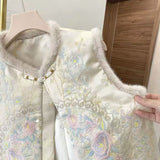 New Winter Cotton Thick Vest New Chinese Loose Round-Neck Women's Style Embroidery Warm Wool Collar Top