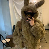 Cute Rabbit Ear Imitation Fur Short Hooded Plush Coat Women Winter Loose Plus Lazy Hairy Fur Coat