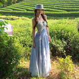 Beautiful Niche Heavy Industry Design Sense Of National Style Light Blue Pin To Receive The Belt Sling Dress Dating Tuxedo Dress