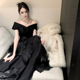 Hepburn Style Black Shoulder Dress French High-End Feeld With The Fasc Moaf Side Dress Temperament Waist Banquet Dress