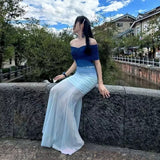One-Word Shoulder Blue Gradient Tset-Mear Dress High-End Feel Waist-Buffed Fishtail Seaside Holiday Dress