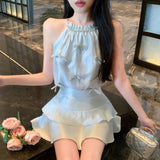 Temperament Design Set Bow Hanging Neck Vest Blouse Women's Summer High-Waist Cake Half-Dress Two-Case