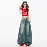Breaking Hole Scissor Jeans Women Autumn And Winter New High-Waist Design Water Wash Contour Shape Loose Broad Leg Trousers