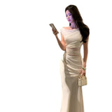 Net Yarn Denight Spliced Oblique Shoulder Dress Femininity Slime-Skinny Ass Vacation High-End Sling Skirt