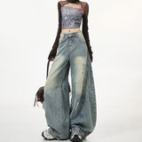 Vintage Worn Scissors Jeans Women's Trend With New Loose Broad-Legged Sleek Trousers High-Waisted Trousers