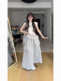 Korean Ins Fashion Short-Sleeved Lattice Dress Feline Dress Felined Summer Temperament Design Sense Multi-Layer Dress Open Fork Cake Dress
