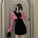 Early Autumn Dress High-End Stitching Fake Two Side-Shoulder Dress Women Design Small Body-Bodying Ass Shirt Skirt