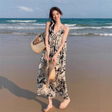 National Feng Shui Ink Painting V Tie Dress Women 2026 Summer New Loose Lazy Leisure Holiday Floral Dress