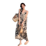 China Feng Shui Ink Print V Tie Dress Summer Women's Small Loose Lazy Over The Knee Long