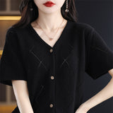 Pure Cotton Sweat 2026 Spring And Summer New Women's Hollow Open Shirt V Collar Display Short Temperament Top T-Shirt Knitted Shirt