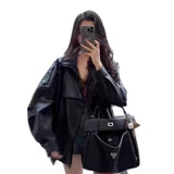 Black Retro Locomotive Collar Pu Leather Coat Female Cool Wind Autumn 2025 New High-End Leather Jacket Top