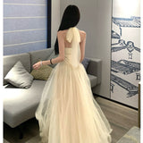 White Mesh Yarn With Thoracic Neck Dress Women's Summer Seaside Holiday Wind Beautiful Waist Birthday Dress Long Dress