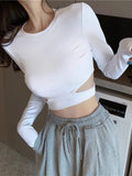 Sexy Lumen Hollow Slimmed-Up Girlins Slimming Design Reveals Short Umbilly Blouse Long-Sleeved Bottom Shirt