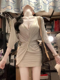 Micro Fat Mm Pure Hot Babes Style V Collar Short-Sleeved Dress Women's Summer New Waist Folds Elastic Package Hip Skirt