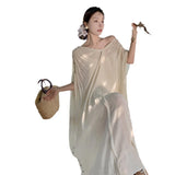 White Texture Folded V-Neck Dress Women Summer Languid Holiday Casual Loose Lantern Dress