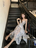 Broken Flowers Hanging Dress Women Summer V Collar Waist Temperament Pure Sexy Fairy Dress Seaside Skirt