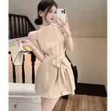 Royal Sister Fan Sleeveless Dress Women Summer French Out-The-Shoulder Sexy Famous Temperament To Close The Belt Belt Short Skirt