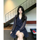 The Atmosphere Feels Tibetan Green Broken Flower Tea Break Body Skirt Women Cross Kinks Waist Long-Sleeved Tulle Show A Short Skirt