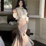 Rich Family Gold Suit Women's New Spring New French Temperament Shirt Fish Tail Half Skirt Two Sets