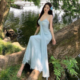 Greek Goddess Fan Seaside Holiday Dress High-Grade Pure Diamond Ribbon With Blue Sling Skirt Dress Dress