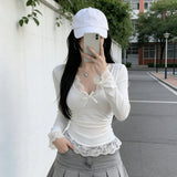 Sweet Hottie Pure Lust Lace Side Long-Sleeved T-Shirt Girl In Early Spring To Play With A T-Shirt Slimming On The Bottom Of The Shirt