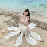 French Super Fairy Leaves Side Sling Dress Woman Seaside Holiday Sexy Pure Desire Irregular Open Fairy Dress