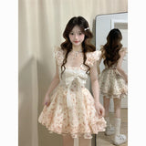 Sweet Wind Small Flying Sleeve Bow Dress 2026 Summer First Love Princess Ponmp Dress Small Waist Skirt Short Skirt