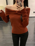 One-Word Collar Bow Design Long-Sleeved Knitted Shirt Women Autumn 2025 New Pure Hot Girl Bare Shoulder