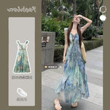 Summer New Super Fairy Faint Printing Sleeveless Dress Holiday Wind To Show Thin Leaves Side Long Skirt