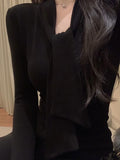 Autumn And Winter With Pure Temperament Tight Short V Tie With Long-Sleeved T-Shirt Slimy Sexy Top