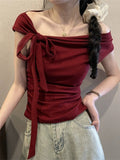 Pure Desire A Word Shoulder ~ Design Feel Shoulder Hanging Neck Short Sleeve T-Shirt For The New Summer Slimming Tset