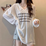 Medium-Long V-Neck Hooded Thin Hoodie Women's Summer 2025 New Loose Long-Sleeved T-Shirt On The Shoulder
