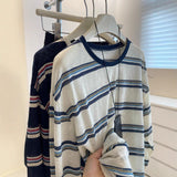 Korean Version Of The Retro Stripe Bumpy Slim Roll Round-Neck Long-Sleeved T-Shirt For Women's Loose Lazy Sun Protection Shirts Summer