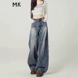 Vintage Blue Broad-Legged Jeans Women's Autumn Trend With A New Design High-Rise Hanging Scimiter Pants