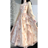 Dizzy Printing Fairy Lace Temperament Waist Lotus Side Sling Skirt Girl Summer Fairy Dress Open Shirt Two Sets