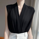 2025 Spring And Summer New Women's V Neck French Cross-Neck Fashion T-Shirt Sleeveless Short Simple Thin Top