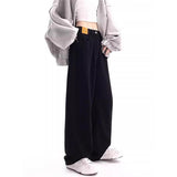 Large-Size Fatmm Black Broad-Legged Jeans Women's Autumn And Winter Plus Velvet Pants Loose Thin Pear-Shaped Body Straight Trousers