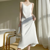 Silk Satin 2026 Spring And Summer New Women's V-Neck Long Dress Solid Color Temperament Adjustable Long Dress Sleeveless Sleeveless Sling