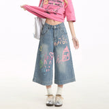 Graffiti Denim Seven-Point Trousers Women's Summer Trend New Broad-Legged Trousers Loose Straight Street Casual Shorts