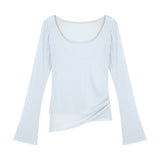 White Micro-Permeable U-Neck Long Sleeve Sunscreen T-Shirt Girl Summer Body Irregular Open Fork Inside The Bottom Shirt Shirt Top