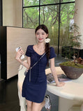 French Temperament Tibetan Blue With Short-Sleeved Dress Women's New Summer Waist Thin A-Dress Skirt Ins Tide