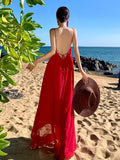 Holiday Dress Red Super Fairy Beach Dress Dress Dress Flowing Sanya Travel Wearing Temperament Bare Back Sling Skirt