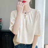 Silk Satin 2026 Spring And Summer Women's New Short Round Lead The National Wind Buckle Half-Sleeve Five-Sleeve Shirt