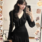 Pure-Want Hottie Sexy V-Neck Knitted Dress Women Autumn And Winter New Lotus Side Horn Sleeves Small Black Dress