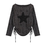 Lazy Wind Black Hoodie Design Feels Shoulder Long-Sleeved T-Shirt Women's Spring Small Loose Drawstring Strapping