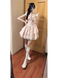 Summer French Small Flying Sleeve Lace To Receive Waist Repair Slimy Fairy Dress Sen Threum Broken Floral Dress Short Sleeves